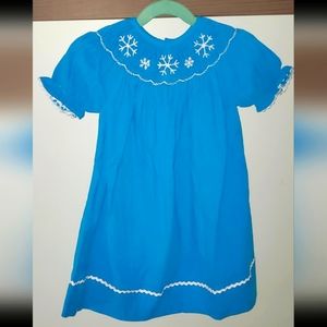 Aqua & White Snowflake Smocked Corduroy Dress